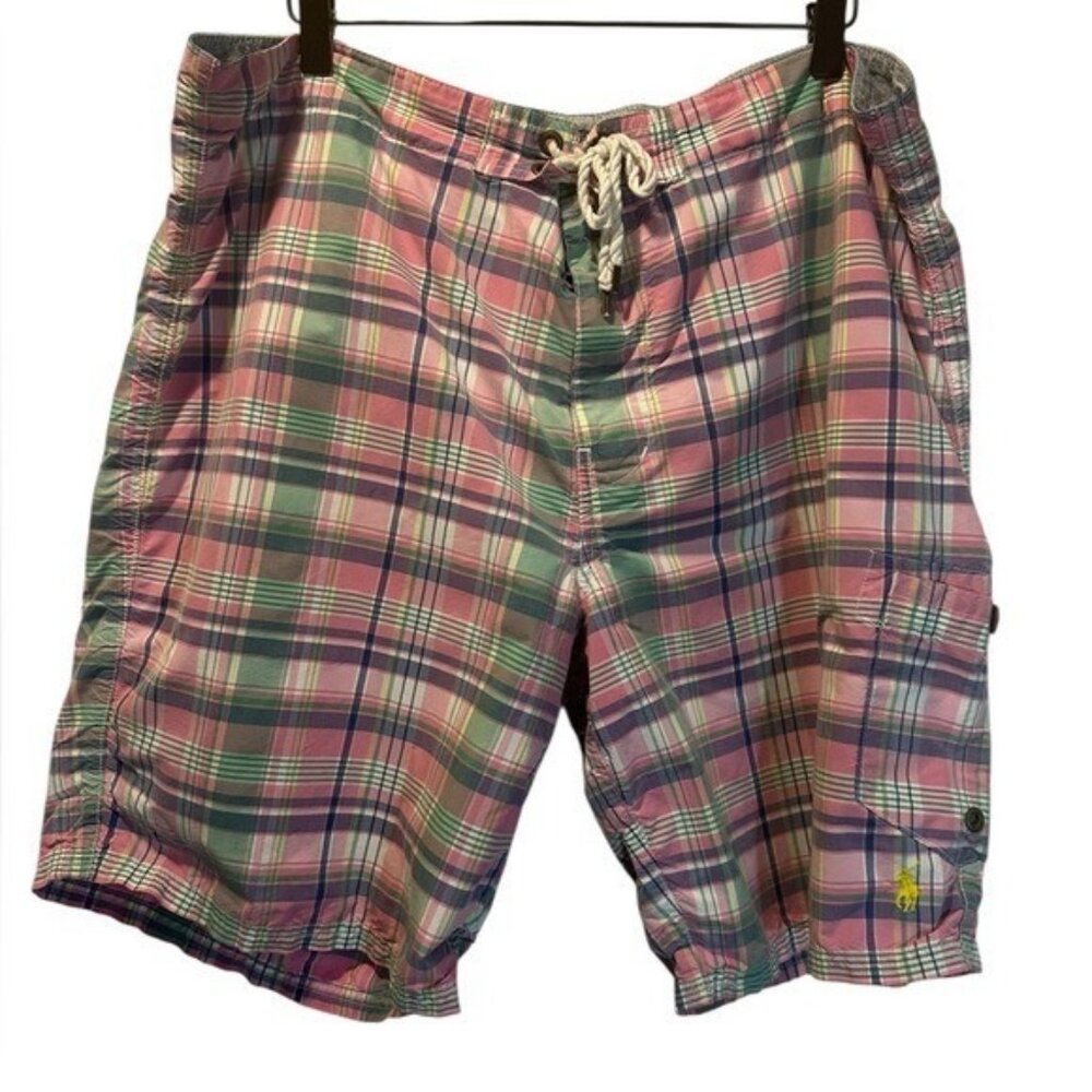 Ralph Lauren Polo Plaid Mens Swim Board‎ Shorts Pink Preppy sz 38 Pony 9” inseam